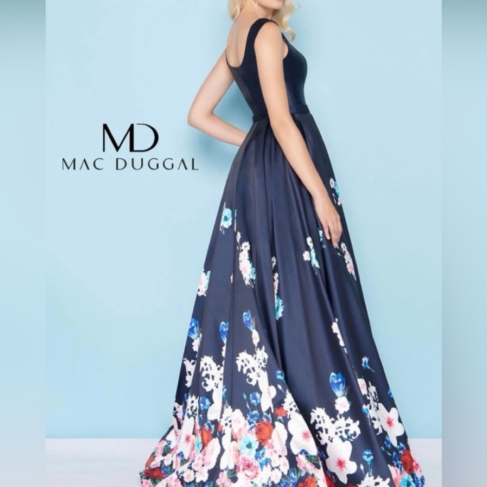 NWT Mac Duggal Navy Floral Long, A-Line Gown, statement dress for formal events - Picture 5 of 5